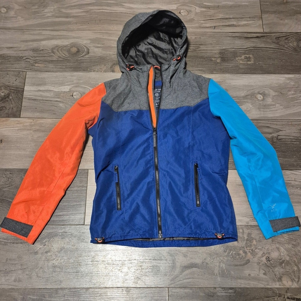 American Eagle Mens Colorblock Hooded Windbreaker Jacket Blue Orange Grey Small